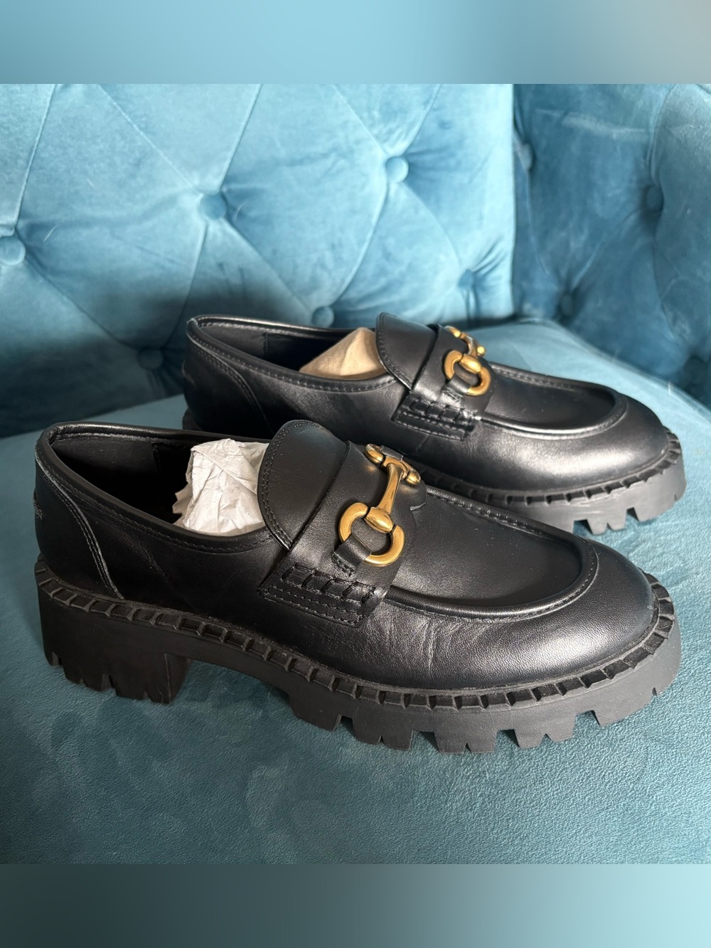 MANGO Women’s Black Leather Slip-On Loafers with Gold Hardware size 39